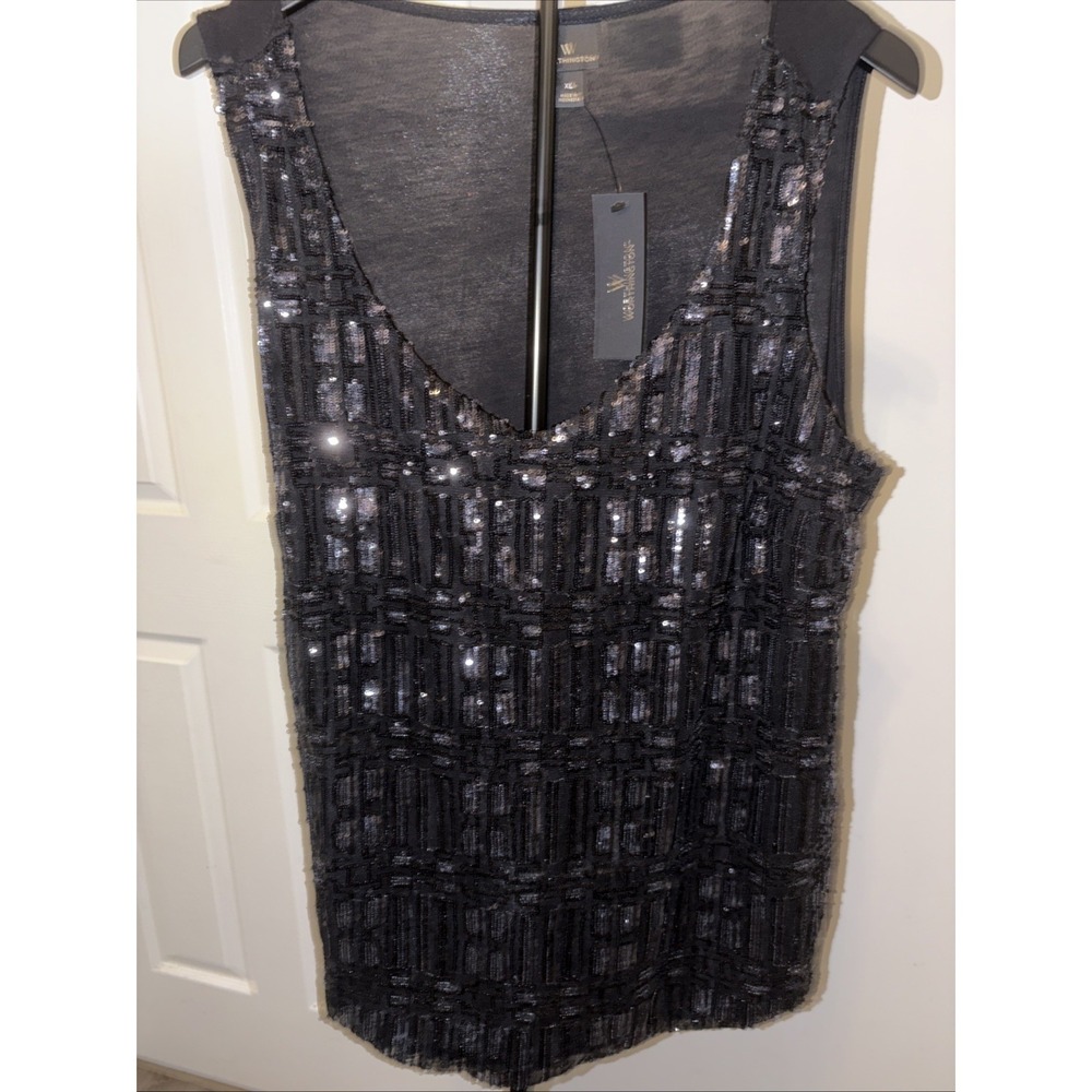 Worthington Tank Top Womens XL Black Sequin Sleeveless V Neck Elegant Chic NWT